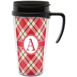 Red & Tan Plaid Acrylic Travel Mug with Handle (Personalized)