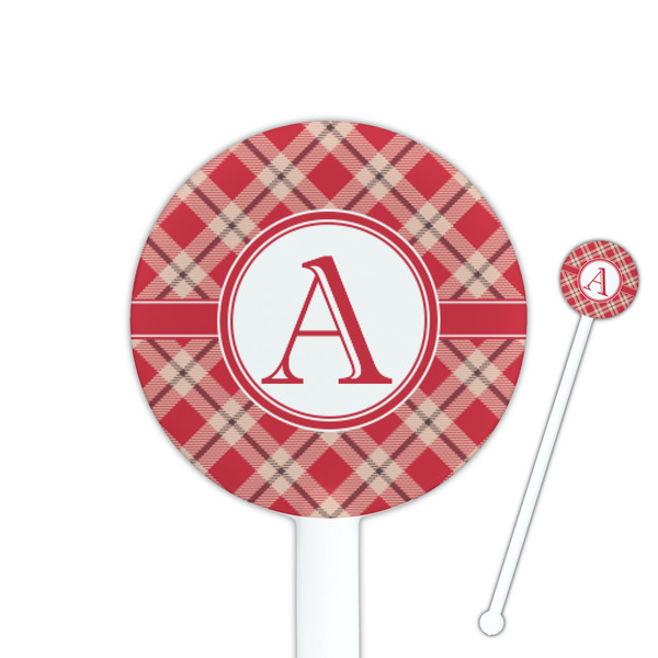 Custom Red & Tan Plaid 5.5" Round Plastic Stir Sticks - White - Double Sided (Personalized)