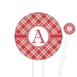 Red & Tan Plaid 6" Round Plastic Food Picks - White - Double Sided (Personalized)