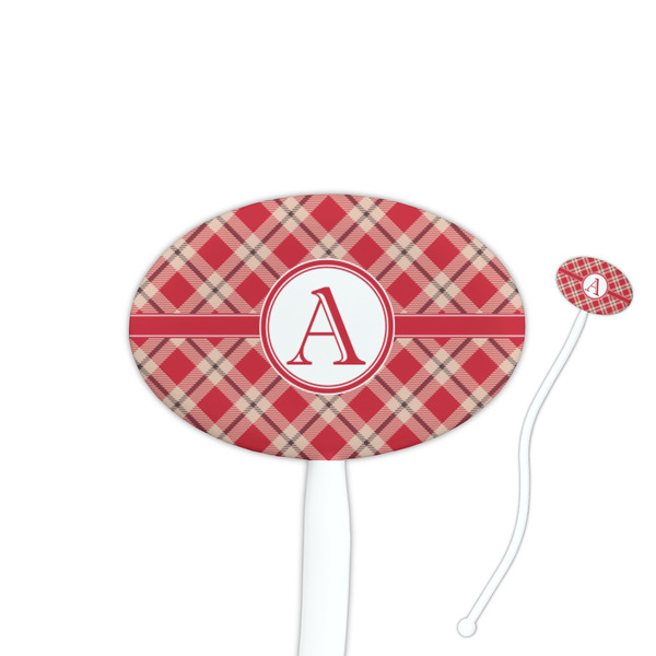 Custom Red & Tan Plaid 7" Oval Plastic Stir Sticks - White - Single Sided (Personalized)