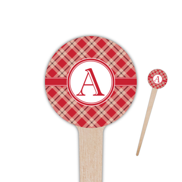 Custom Red & Tan Plaid 4" Round Wooden Food Picks - Single Sided (Personalized)