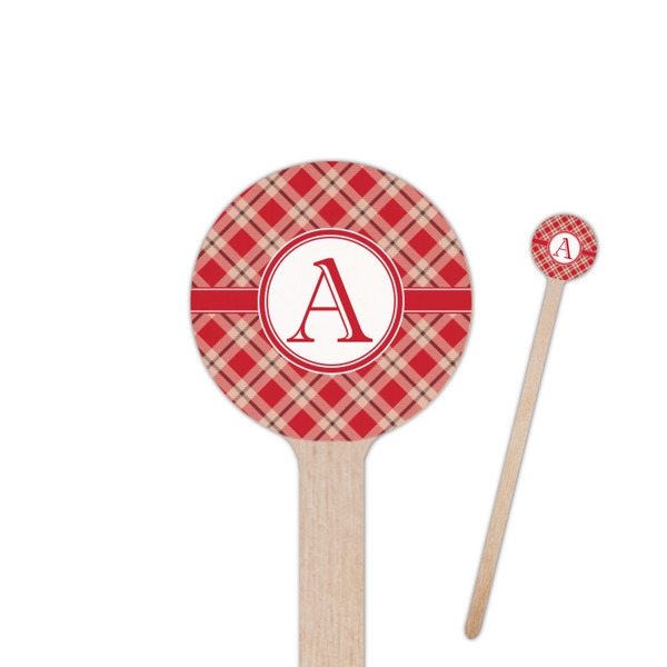 Custom Red & Tan Plaid 7.5" Round Wooden Stir Sticks - Single Sided (Personalized)