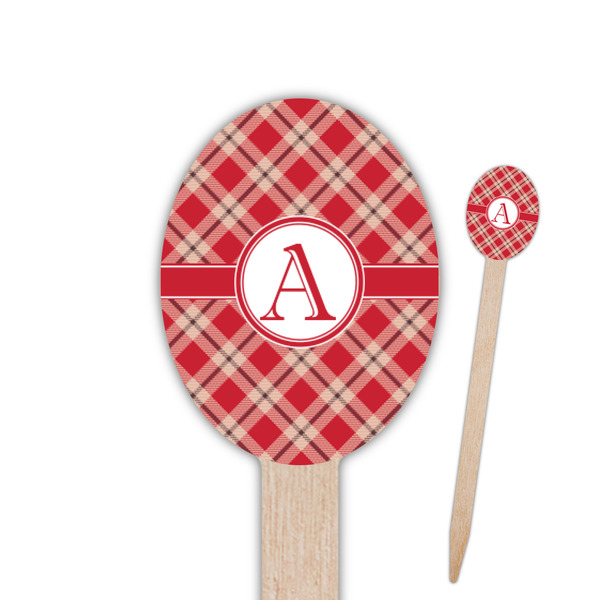 Custom Red & Tan Plaid Oval Wooden Food Picks - Single Sided (Personalized)