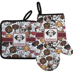 Dog Faces Right Oven Mitt & Pot Holder Set w/ Name or Text