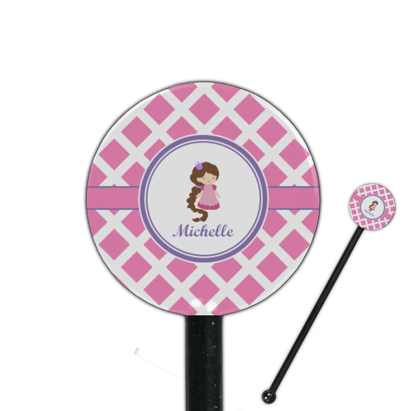 Custom Diamond Print w/Princess 5.5" Round Plastic Stir Sticks - Black - Single Sided (Personalized)