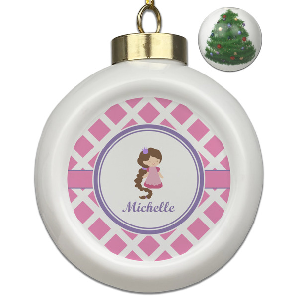 Custom Diamond Print w/Princess Ceramic Ball Ornament - Christmas Tree (Personalized)