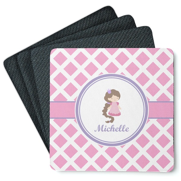 Custom Diamond Print w/Princess Square Rubber Backed Coasters - Set of 4 (Personalized)