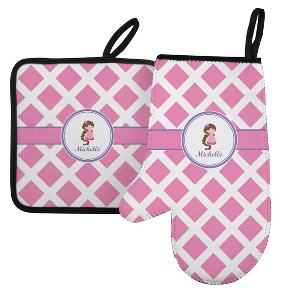 Custom Diamond Print w/Princess Left Oven Mitt & Pot Holder Set w/ Name or Text