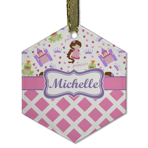 Custom Princess & Diamond Print Flat Glass Ornament - Hexagon w/ Name or Text