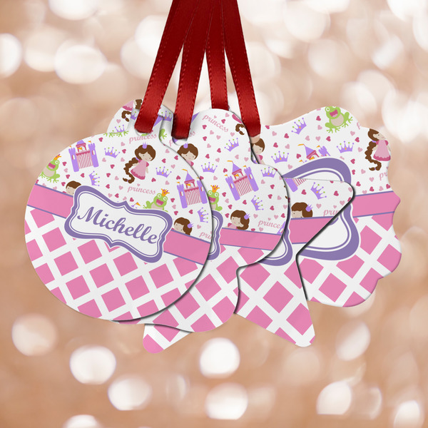 Custom Princess & Diamond Print Metal Ornaments - Double Sided w/ Name or Text