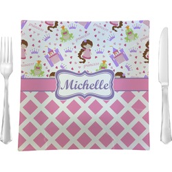 Princess & Diamond Print 9.5" Glass Square Lunch / Dinner Plate- Single or Set of 4 (Personalized)