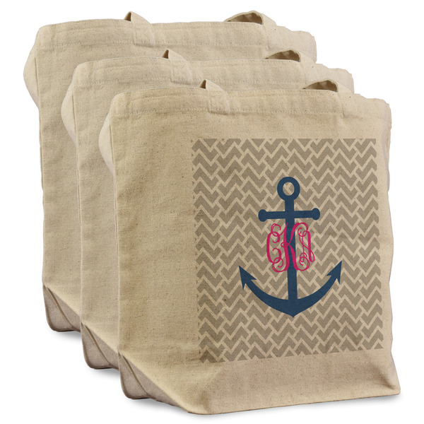 Custom Monogram Anchor Reusable Cotton Grocery Bags - Set of 3