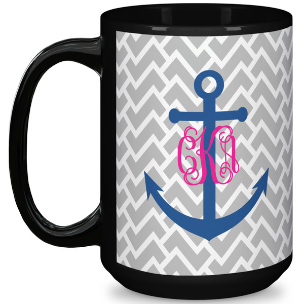 Custom Monogram Anchor 15 Oz Coffee Mug - Black