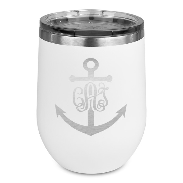 Custom Monogram Anchor Stemless Stainless Steel Wine Tumbler - White - Double Sided