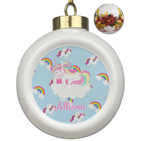 Custom Rainbows and Unicorns Ceramic Ball Ornaments - Poinsettia Garland (Personalized)