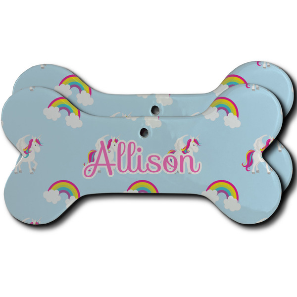 Custom Rainbows and Unicorns Ceramic Dog Ornament - Front & Back w/ Name or Text