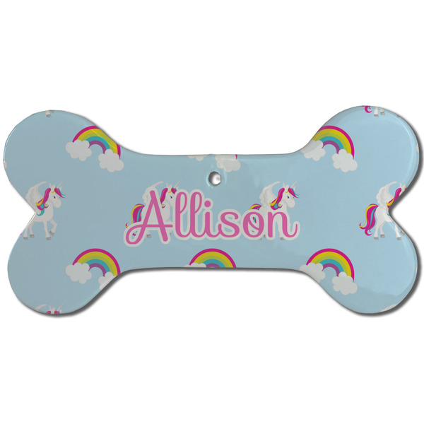 Custom Rainbows and Unicorns Ceramic Dog Ornament - Front w/ Name or Text