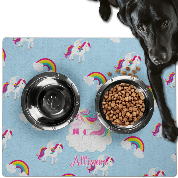 Custom Rainbows and Unicorns Dog Food Mat - Large w/ Name or Text