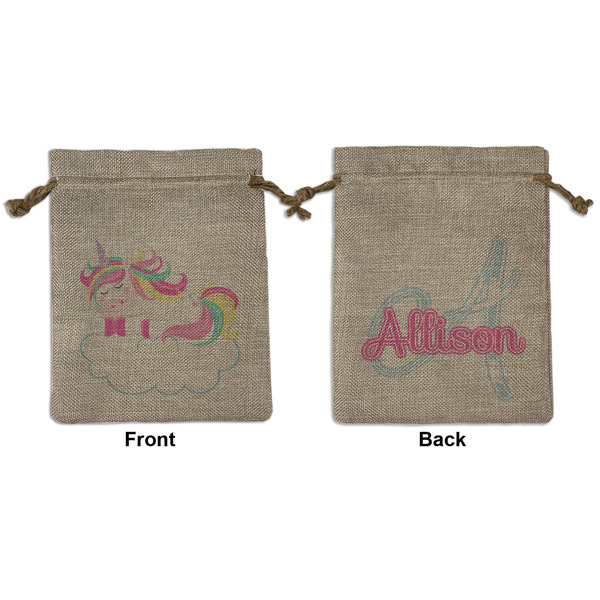 Custom Rainbows and Unicorns Medium Burlap Gift Bag - Front & Back (Personalized)