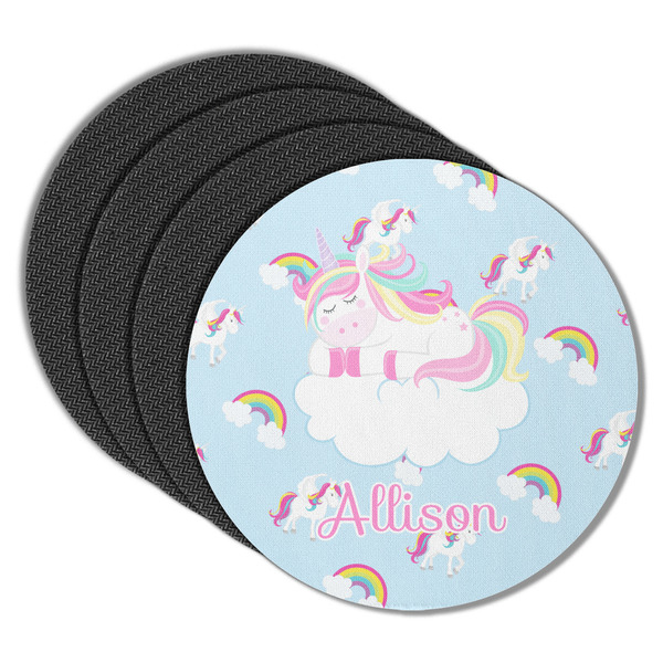 Custom Rainbows and Unicorns Round Rubber Backed Coasters - Set of 4 w/ Name or Text