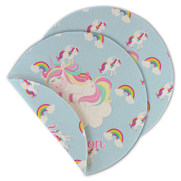 Custom Rainbows and Unicorns Round Linen Placemat - Double Sided (Personalized)