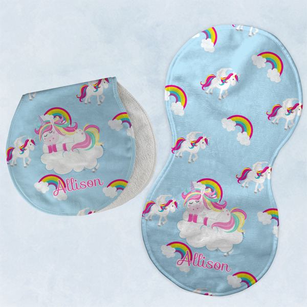 Custom Rainbows and Unicorns Burp Pads - Velour - Set of 2 w/ Name or Text