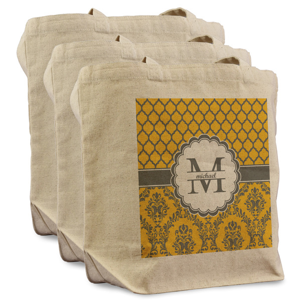 Custom Damask & Moroccan Reusable Cotton Grocery Bags - Set of 3 (Personalized)