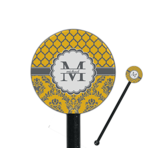 Custom Damask & Moroccan 5.5" Round Plastic Stir Sticks - Black - Double Sided (Personalized)