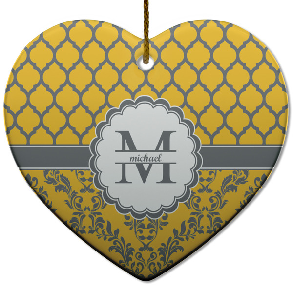 Custom Damask & Moroccan Heart Ceramic Ornament w/ Name and Initial