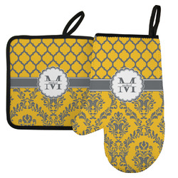 Damask & Moroccan Left Oven Mitt & Pot Holder Set w/ Name and Initial