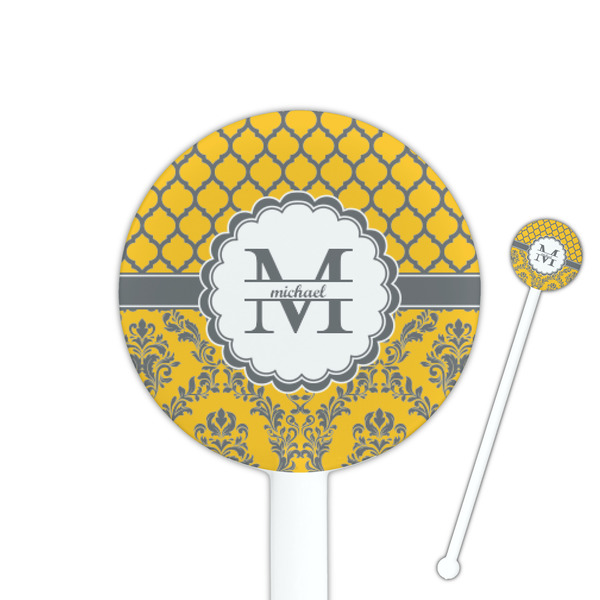 Custom Damask & Moroccan 5.5" Round Plastic Stir Sticks - White - Single Sided (Personalized)