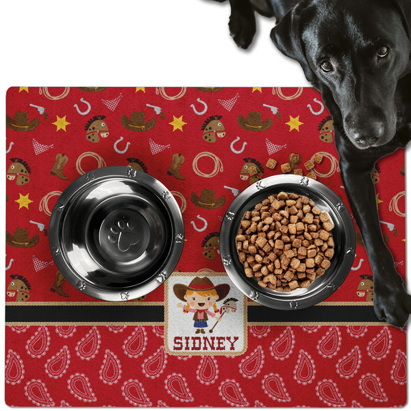 Custom Red Western Dog Food Mat - Large w/ Name or Text