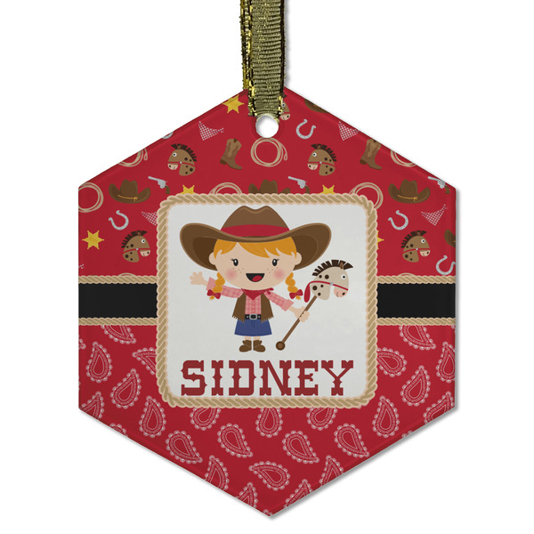 Custom Red Western Flat Glass Ornament - Hexagon w/ Name or Text