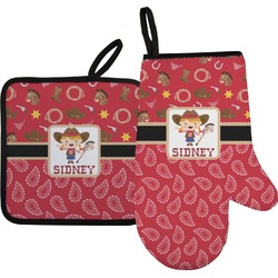 Red Western Right Oven Mitt & Pot Holder Set w/ Name or Text