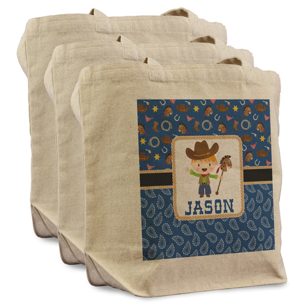 Custom Blue Western Reusable Cotton Grocery Bags - Set of 3 (Personalized)