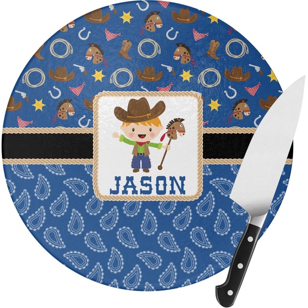 Custom Blue Western Round Glass Cutting Board - Small (Personalized)