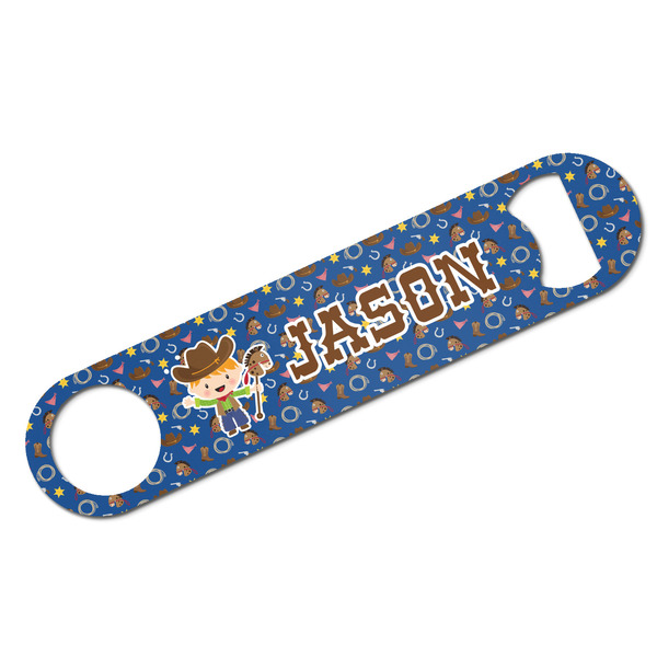 Custom Blue Western Bar Bottle Opener - White w/ Name or Text