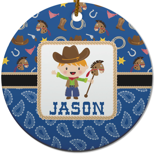 Custom Blue Western Round Ceramic Ornament w/ Name or Text