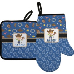 Blue Western Right Oven Mitt & Pot Holder Set w/ Name or Text