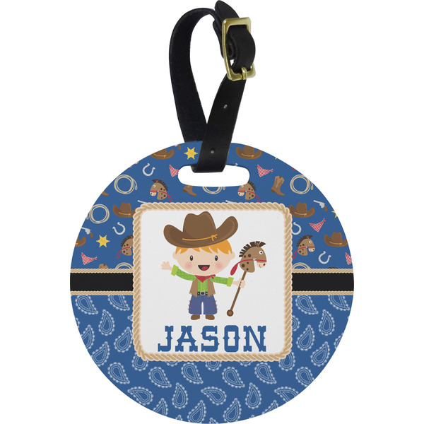 Custom Blue Western Plastic Luggage Tag - Round (Personalized)