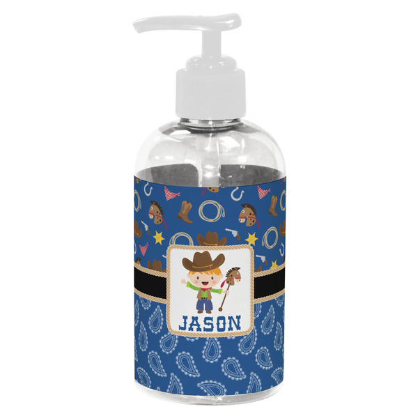 Custom Blue Western Plastic Soap / Lotion Dispenser (8 oz - Small - White) (Personalized)