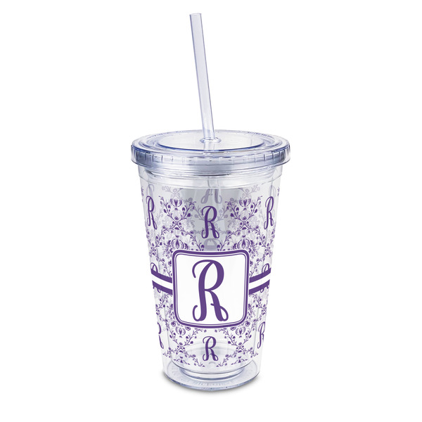 Custom Initial Damask 16oz Double Wall Acrylic Tumbler with Lid & Straw - Full Print