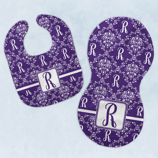 Custom Initial Damask Baby Bib & Burp Set