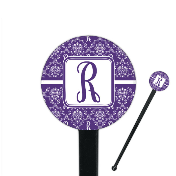 Custom Initial Damask 7" Round Plastic Stir Sticks - Black - Double Sided