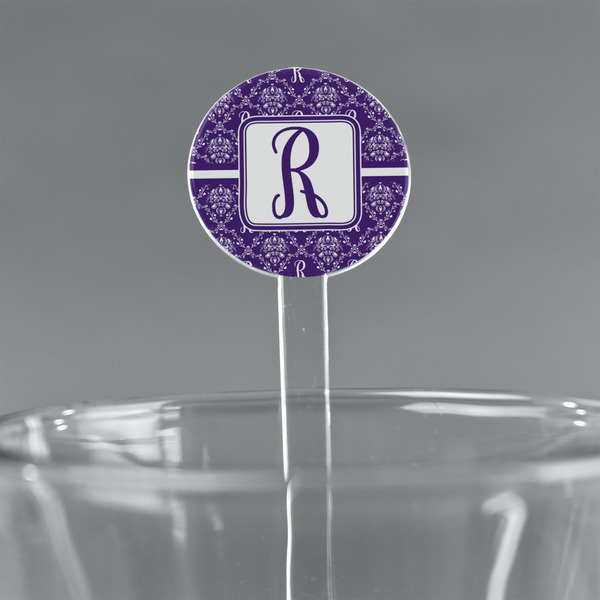 Custom Initial Damask 7" Round Plastic Stir Sticks - Clear