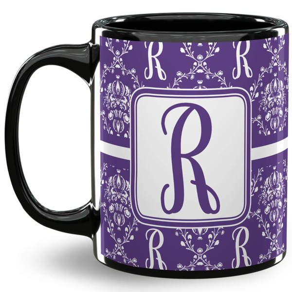 Custom Initial Damask 11 Oz Coffee Mug - Black