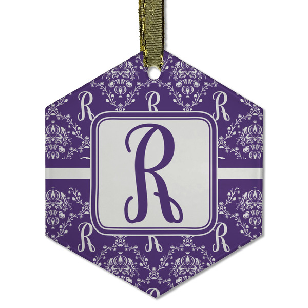 Custom Initial Damask Flat Glass Ornament - Hexagon