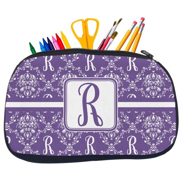 Custom Initial Damask Neoprene Pencil Case - Medium