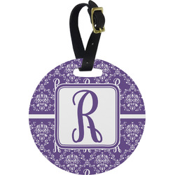 Initial Damask Plastic Luggage Tag - Round