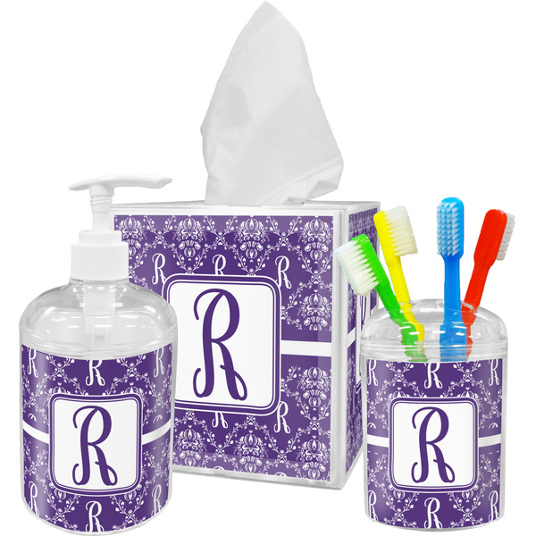 Custom Initial Damask Acrylic Bathroom Accessories Set